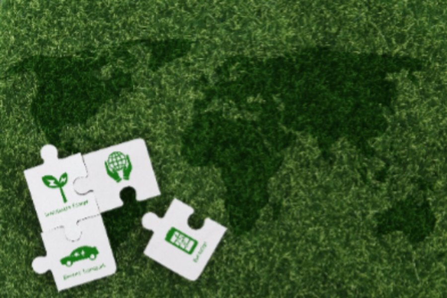 Four responsibility-themed puzzle pieces on top of a world map.